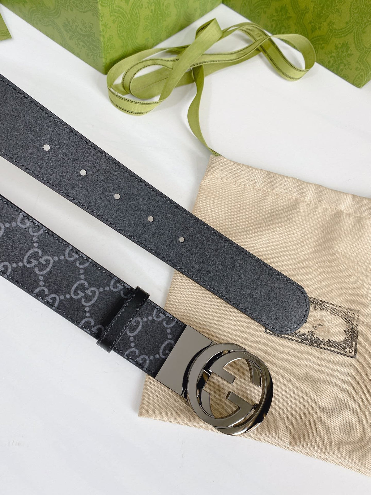 INTERLOCKING G GREY BUCKLE 38MM BLACK LEAHTER MONOGRAM