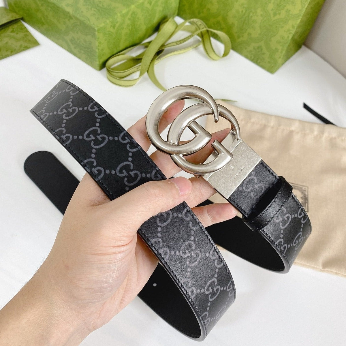 DOUBLE G SILVER BUCKLE 38MM BLACK LEATHER GREY MONOGRAM