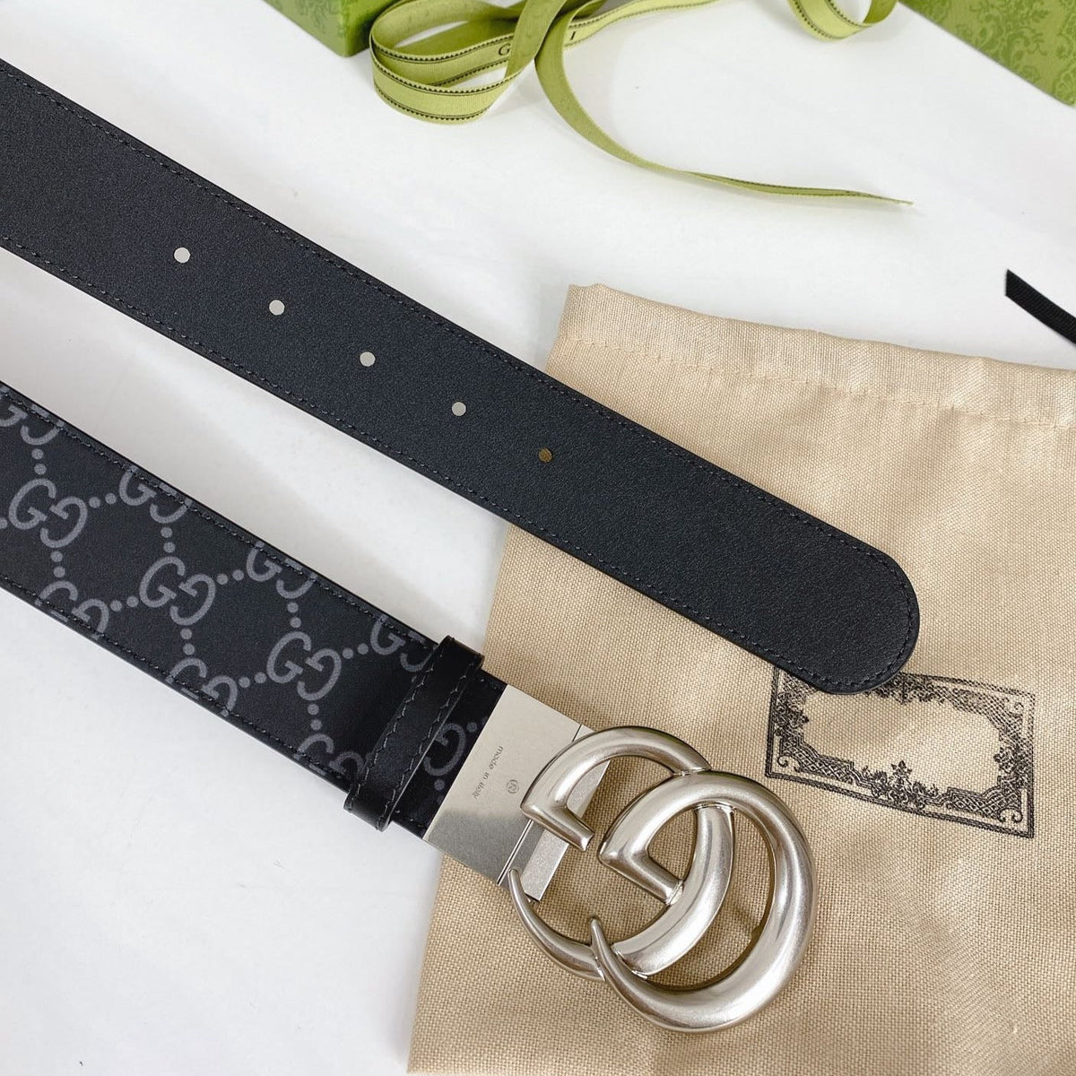 DOUBLE G SILVER BUCKLE 38MM BLACK LEATHER GREY MONOGRAM
