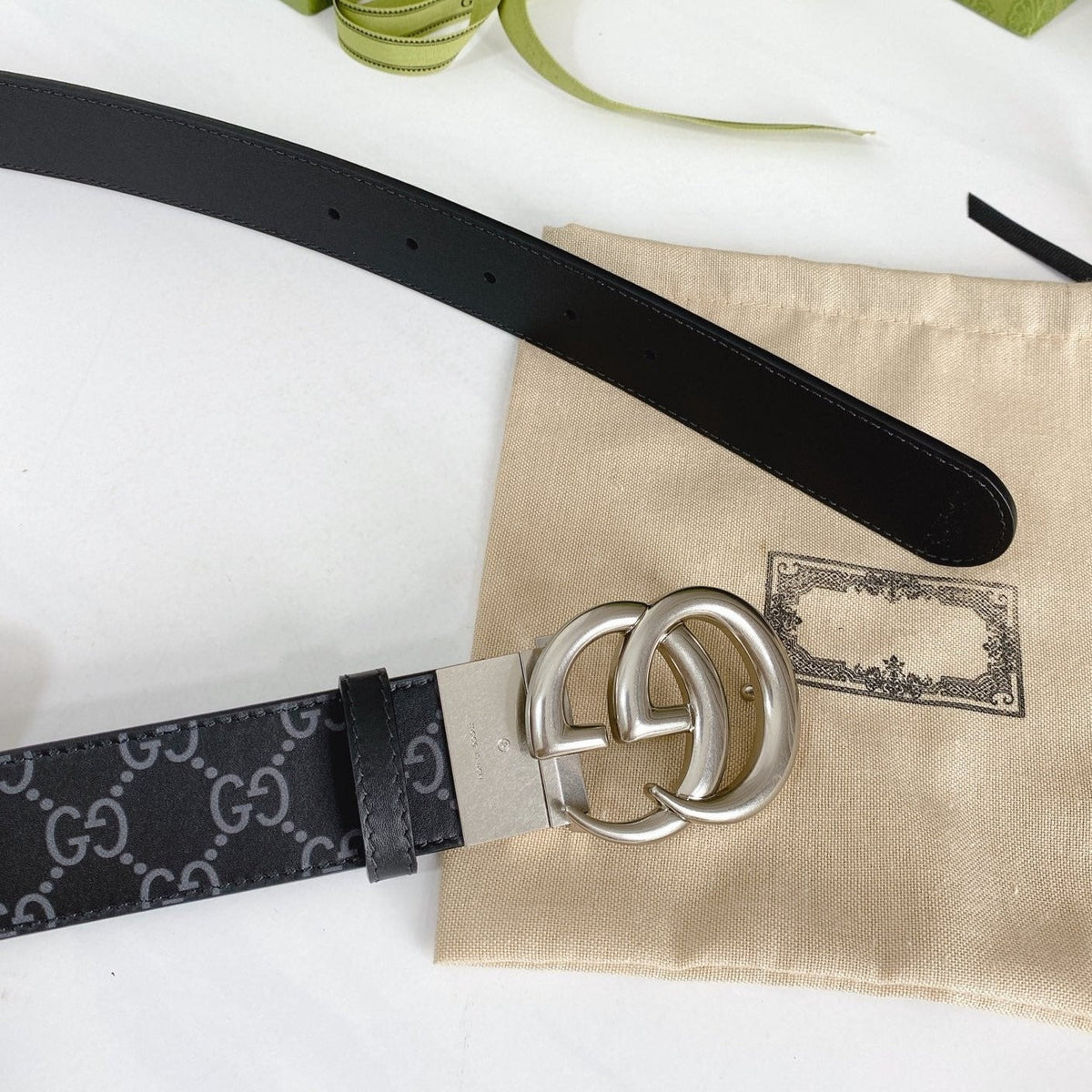DOUBLE G SILVER BUCKLE 38MM BLACK LEATHER GREY MONOGRAM