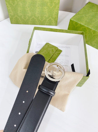 INTERLOCKING G SILVER BUCKLE 40MM BLACK LEAHTER