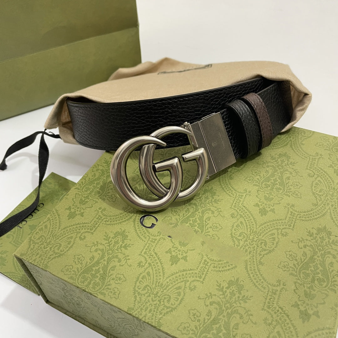 DOUBLE G SILVER BUCKLE 38MM BLACK BROWN LEATHER