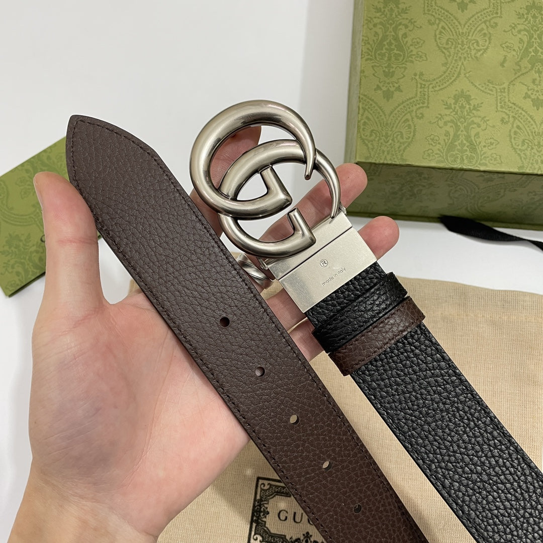 DOUBLE G SILVER BUCKLE 38MM BLACK BROWN LEATHER