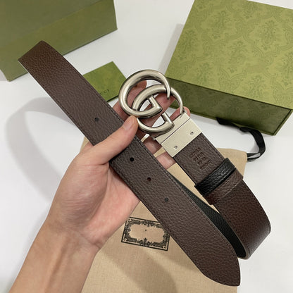 DOUBLE G SILVER BUCKLE 38MM BLACK BROWN LEATHER