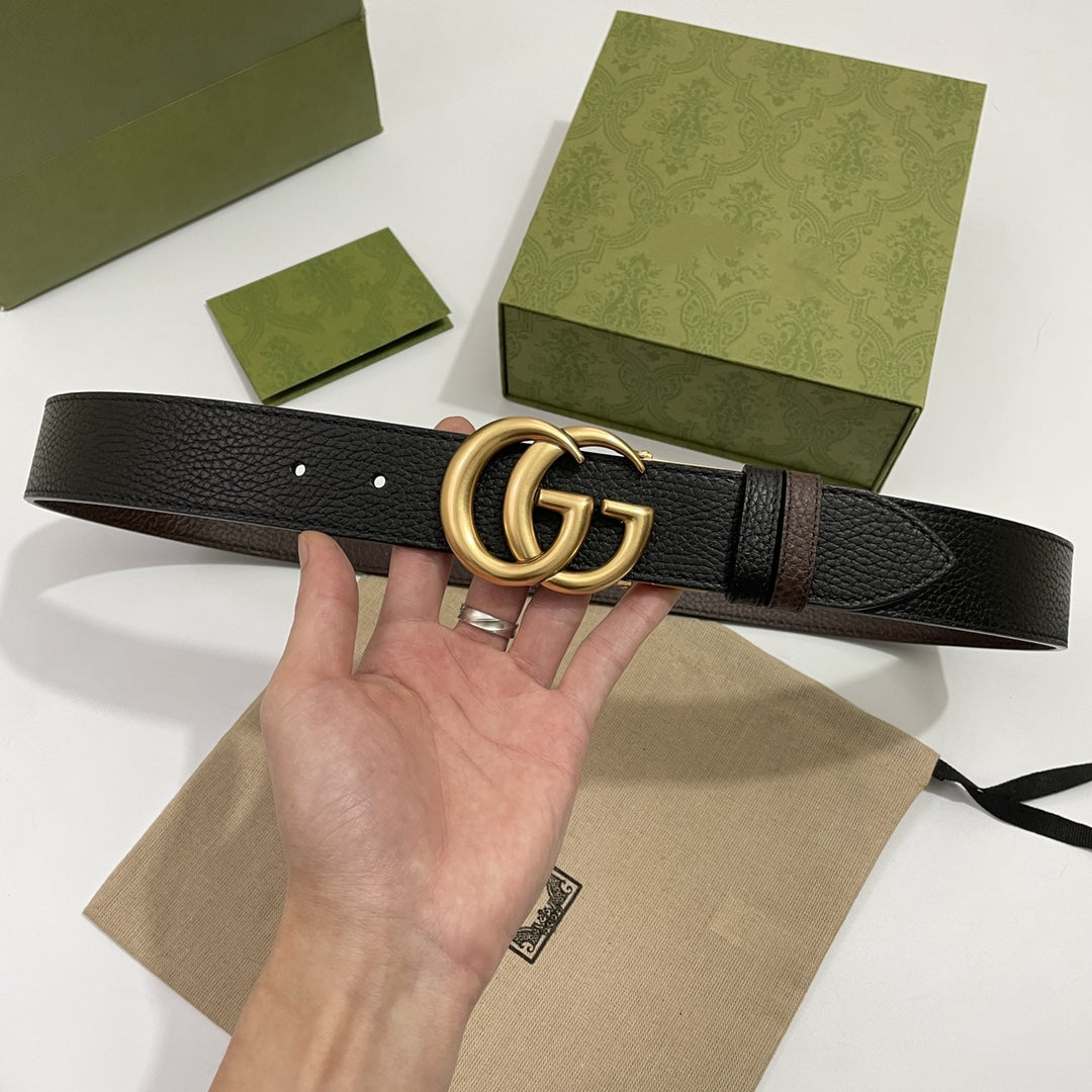 DOUBLE G GOLD BUCKLE 38MM BLACK BROWN LEATHER