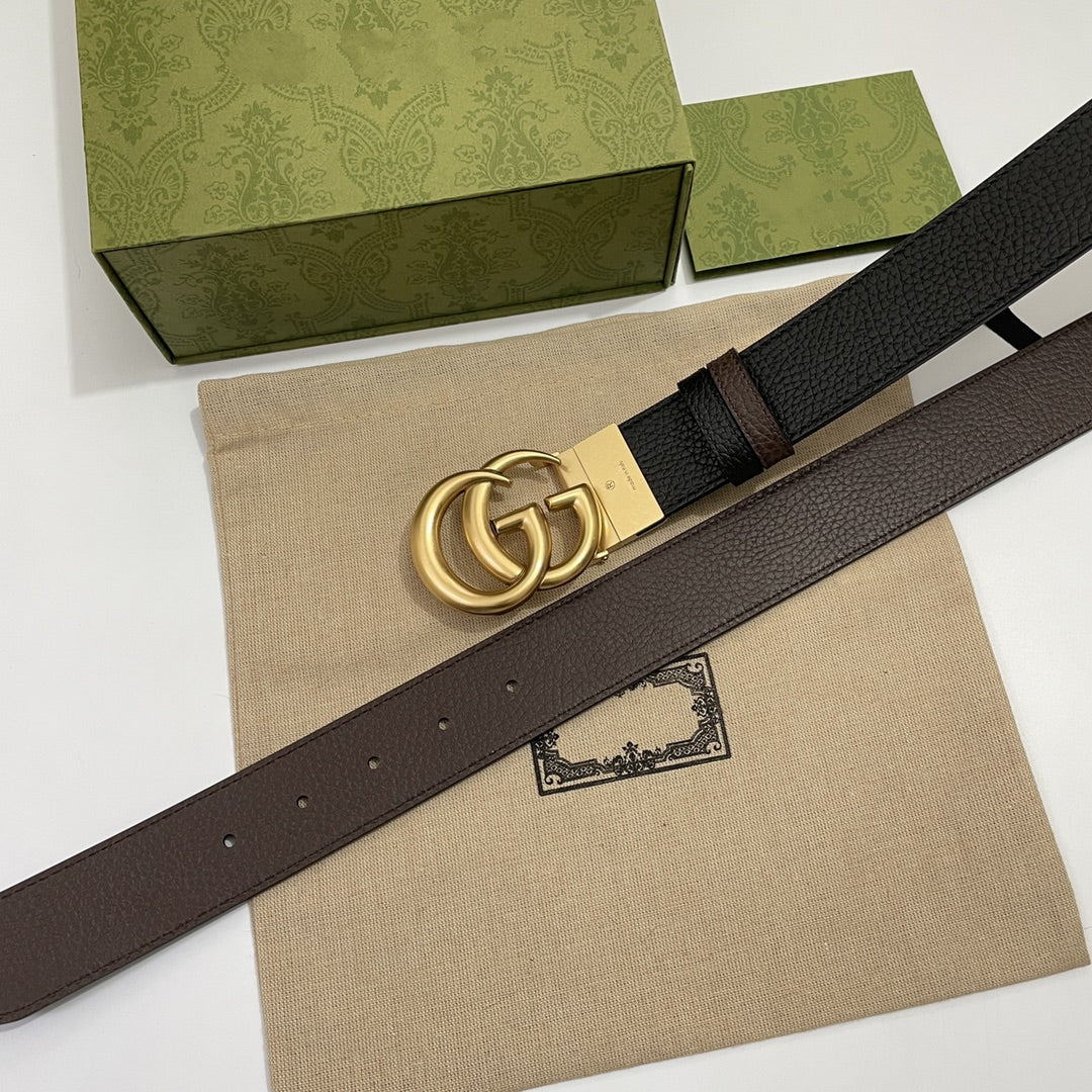 DOUBLE G GOLD BUCKLE 38MM BLACK BROWN LEATHER