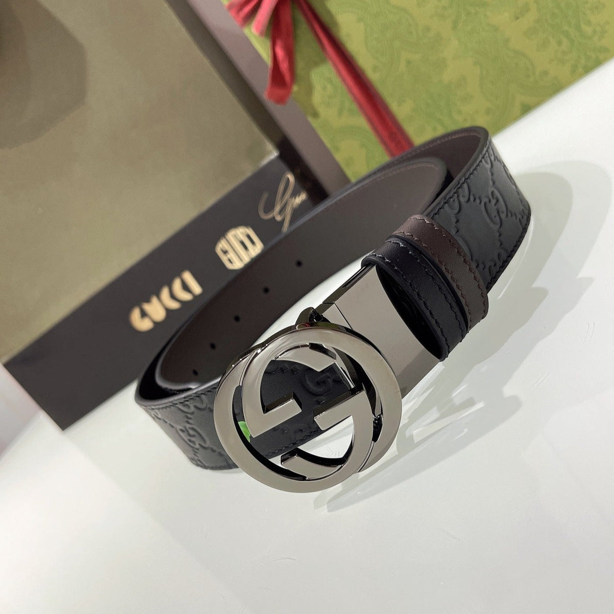 INTERLOCKING G GREY BUCKLE 37MM BLACK BROWN LEATHER