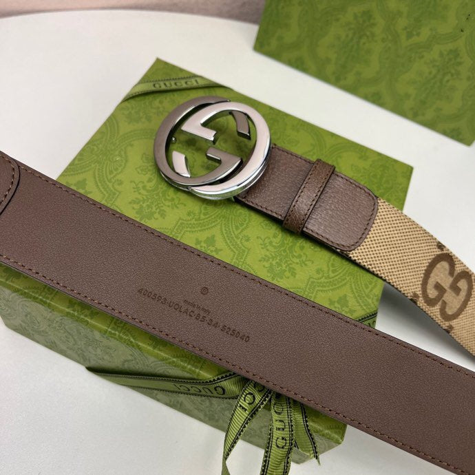 INTERLOCKING G BLACK SILVER BUCKLE 40MM BEIGE CANVAS