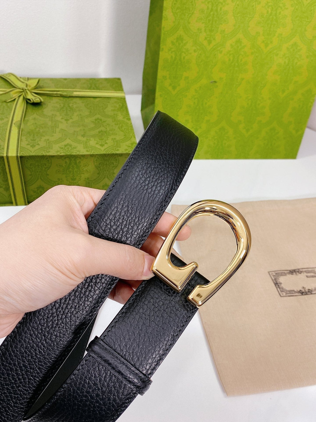 G BELT GOLD BUCKLE BLACK LEATHER 4.0CM