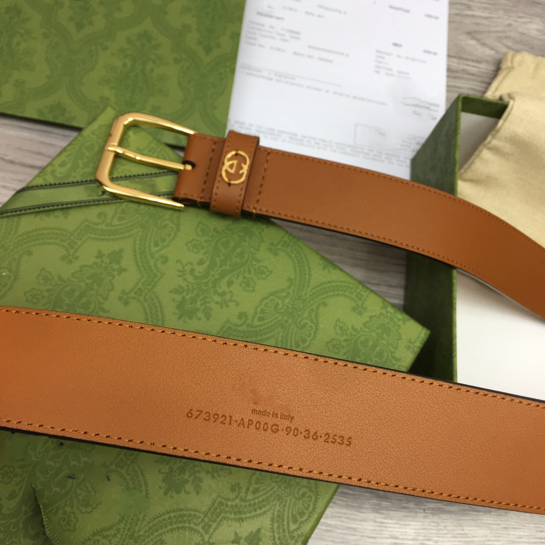 G BELT GOLD SQUARE INSTALL BUCKLE BROWN LEATHER 3.5CM