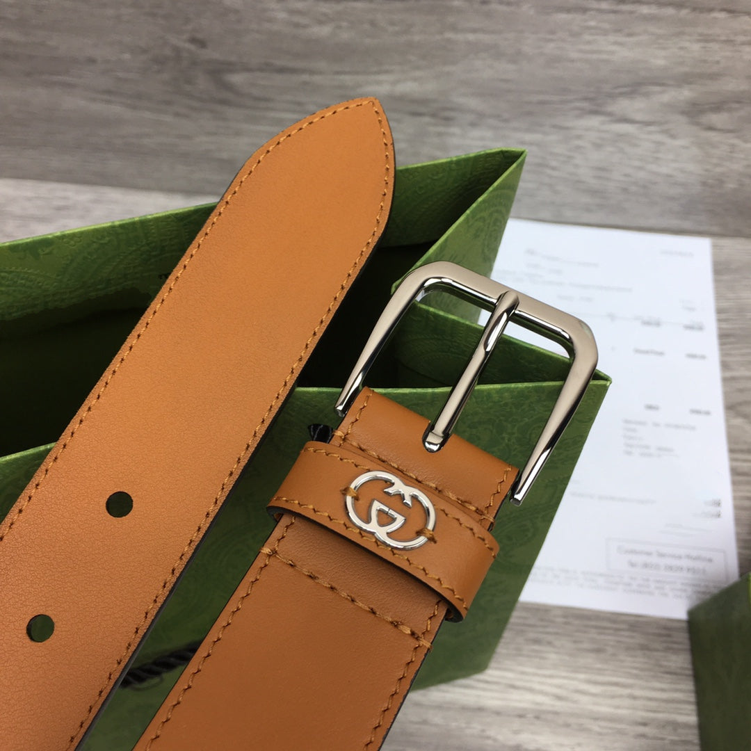 G BELT SILVER SQUARE INSTALL BUCKLE BROWN LEATHER 3.5CM