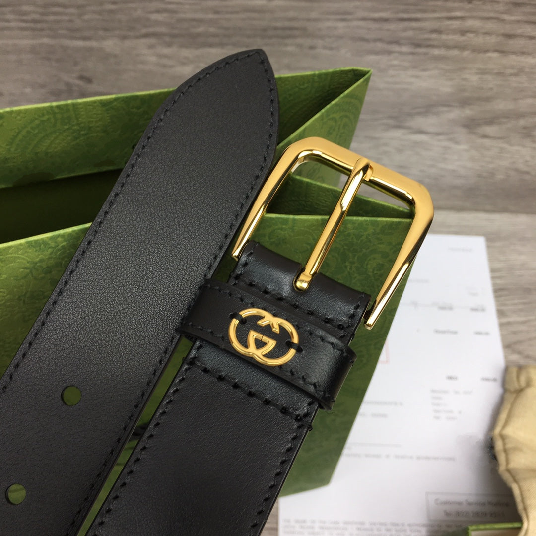 G BELT GOLD SQUARE  INSTALL  BUCKLE BLACK LEATHER 3.5CM