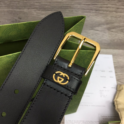 G BELT GOLD SQUARE  INSTALL  BUCKLE BLACK LEATHER 3.5CM
