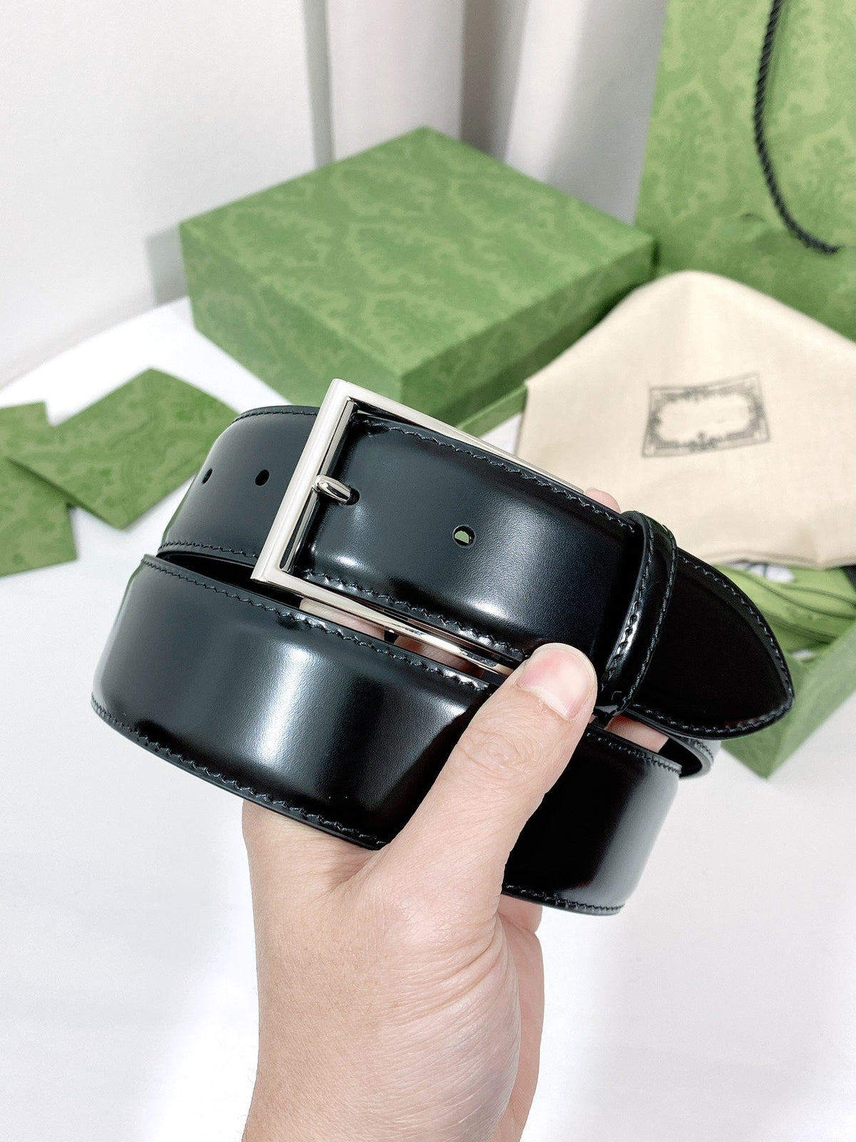 G BELT SILVER SQUARE INSTALL BUCKLE BLACK LEATHER 4.0CM