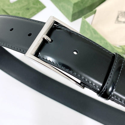 G BELT SILVER SQUARE INSTALL BUCKLE BLACK LEATHER 4.0CM
