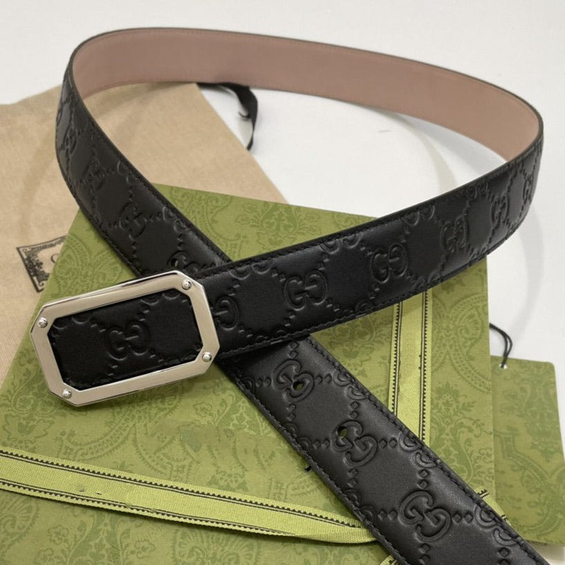 G BELT SILVER SQUARE BUCKLE BLACK LEATHER 3.5CM