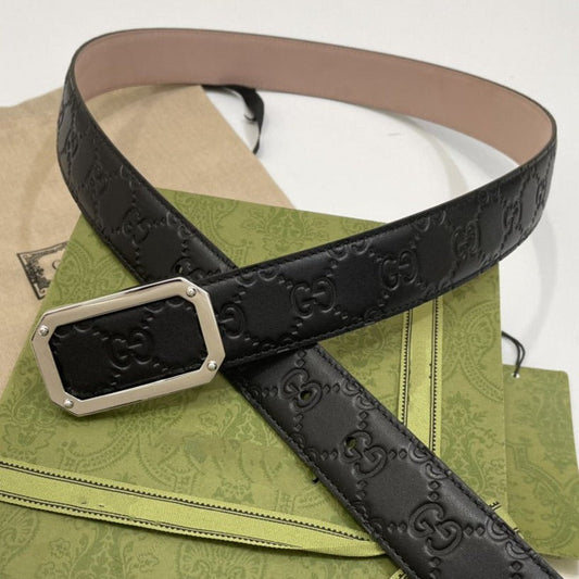 G BELT SILVER SQUARE BUCKLE BLACK LEATHER 3.5CM