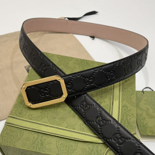 G BELT GOLD SQUARE BUCKLE BLACK LEATHER 3.5CM