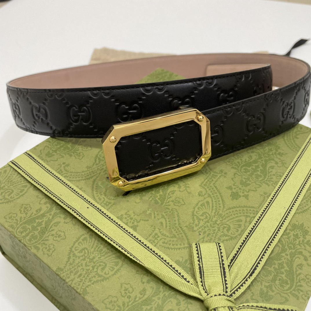 G BELT GOLD SQUARE BUCKLE BLACK LEATHER 3.5CM