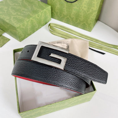 G BELT SILVER BUCKLE RED BLACK LEATHER 3.5CM