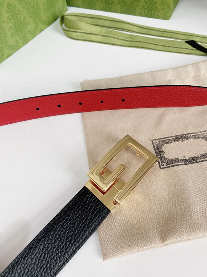 G BELT GOLD BUCKLE RED BLACK LEATHER 3.5CM