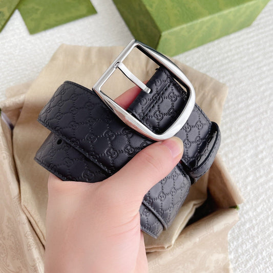 GC BELT SILVER BUCKLE IN GG SINK LEATHER 4.0CM