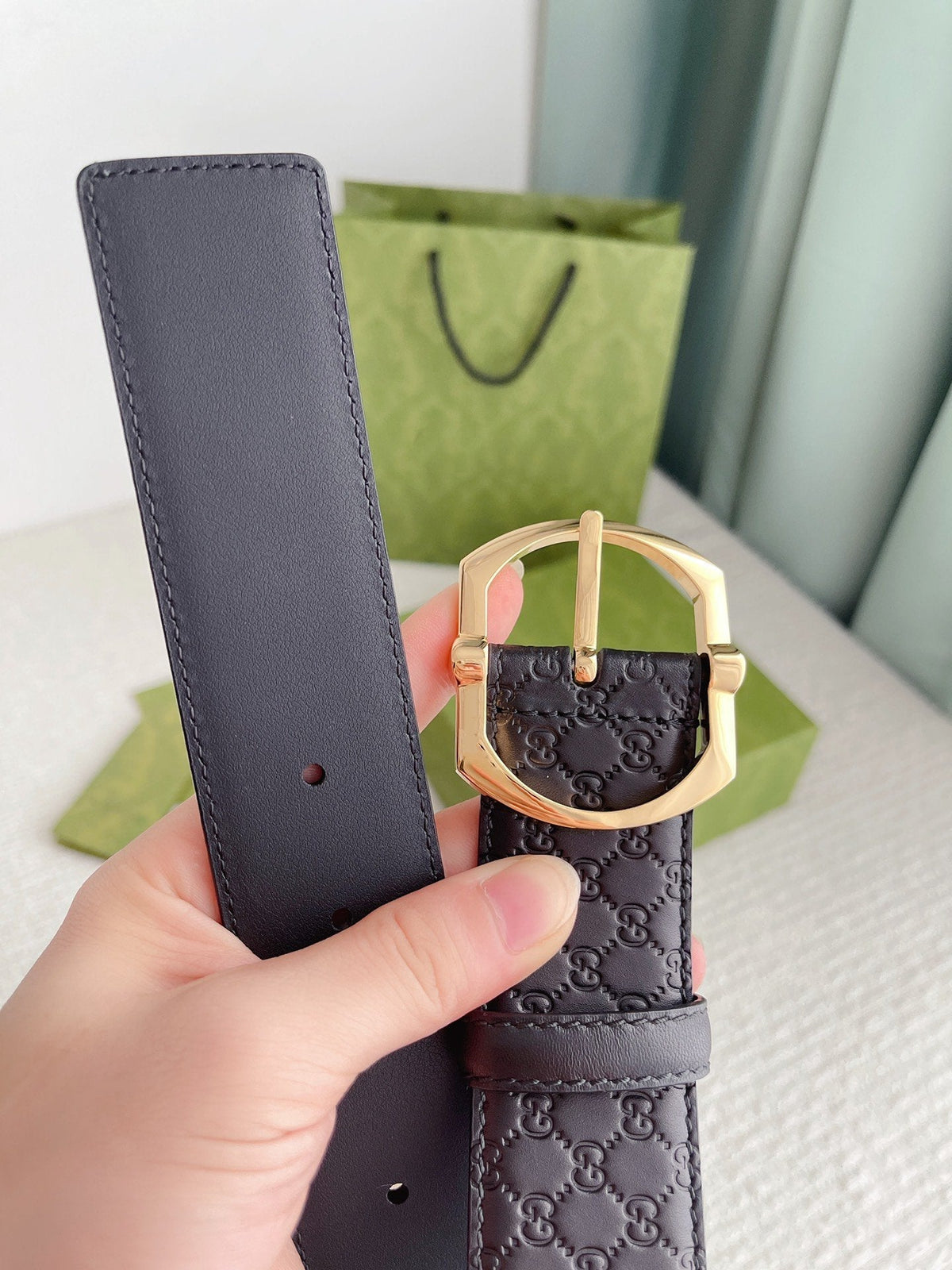 GC BELT GOLD BUCKLE IN GG SINK LEATHER 4.0CM