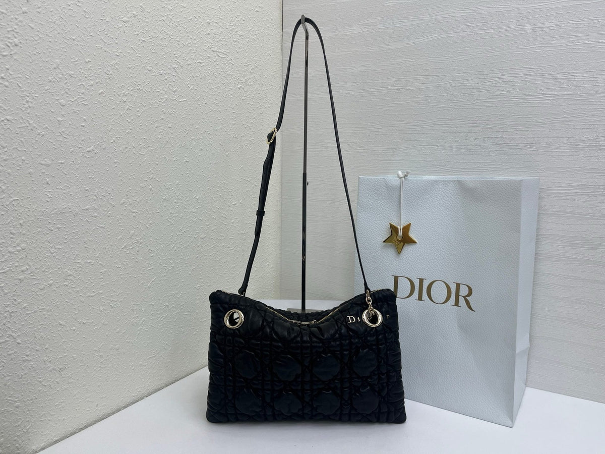 CD Small Cannage Quilted Tote Bag Black Cowhide 158103