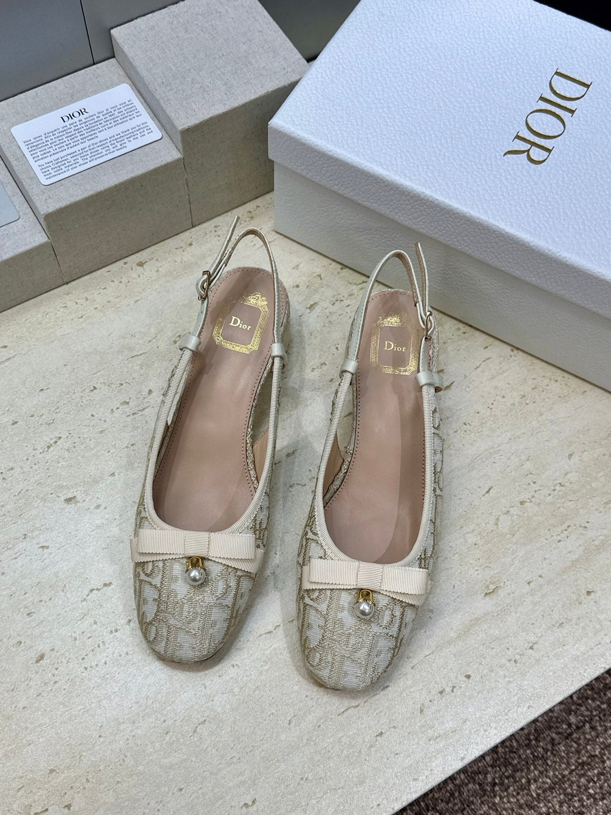 CD Oblique Bow Pearl Slingback Pumps 3.5CM Cream Embroidered Cotton 933310