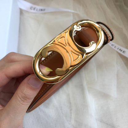 CELINE 25S TRIOMPHE BELT 25MM IN CARAMEL CALFSKIN GOLD HARDWARE 585858