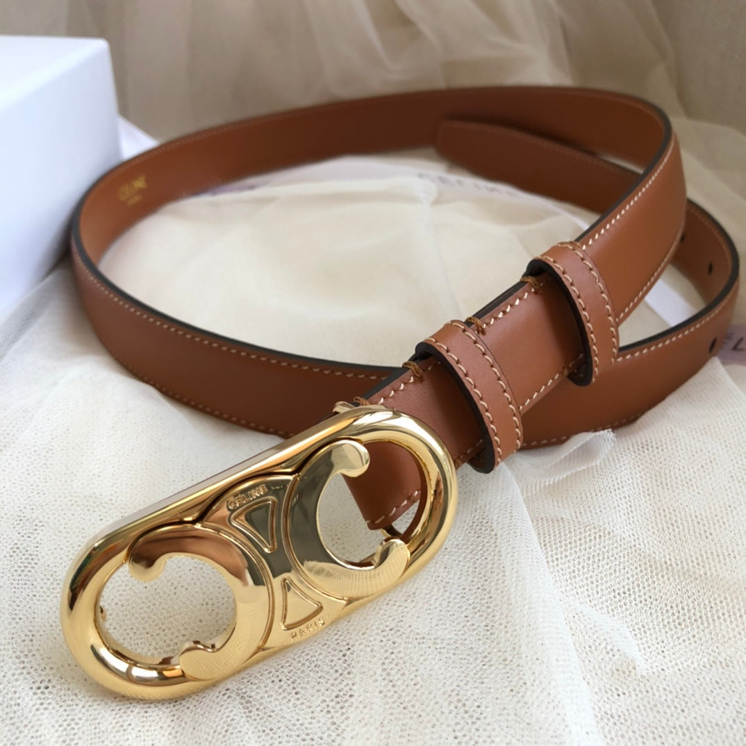 CELINE 25S TRIOMPHE BELT 25MM IN CARAMEL CALFSKIN GOLD HARDWARE 585858