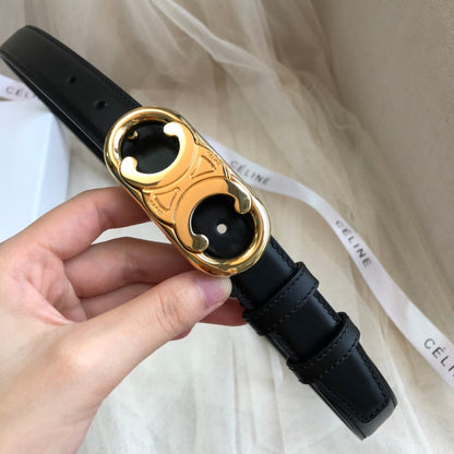CELINE 25S TRIOMPHE BELT 25MM IN BLACK CALFSKIN GOLD HARDWARE 585857