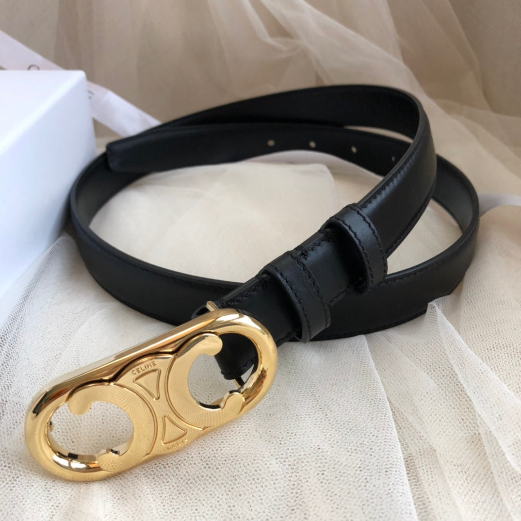CELINE 25S TRIOMPHE BELT 25MM IN BLACK CALFSKIN GOLD HARDWARE 585857
