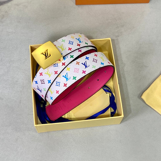 LOUIS VUITTON LV 35 MM BELT MULTICOLOR WHITE MIX LIGHT PINK MONOGRAM CALFSKIN GOLD HARDWARE