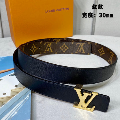 LOUIS VUITTON LV INITIALES 30 MM REVERSIBLE BELT IN BROWN MONOGRAM AND BLACK CALFSKIN GOLD HARDWARE