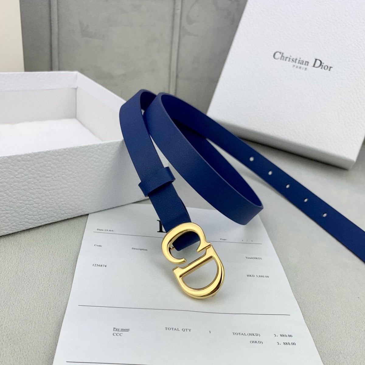 DIOR 25S BELT 20 MM IN NAVY BLUE CALFSKIN WITH GOLD HARDWARE 590778