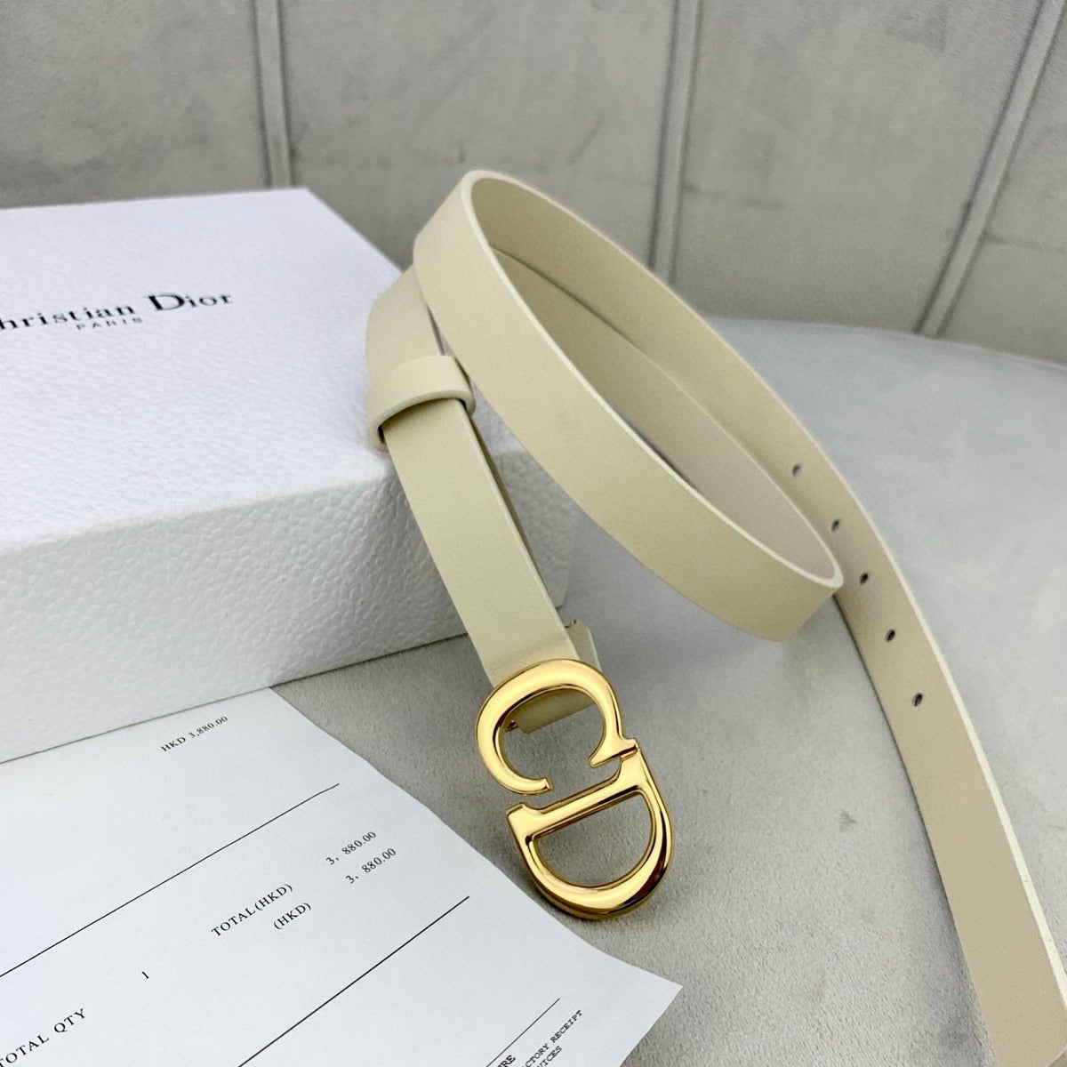 DIOR 25S BELT 20 MM IN BEIGE WHITE CALFSKIN WITH GOLD HARDWARE 590776