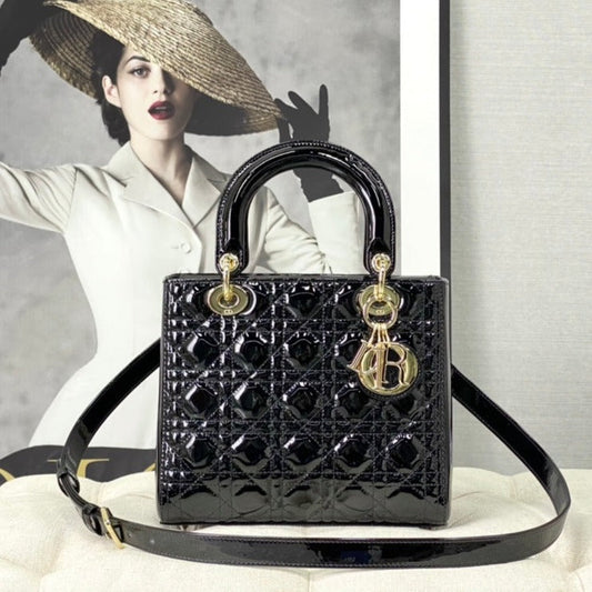 medium lady 24 black patent calfskin