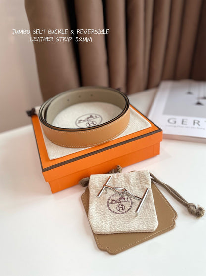 HERMES JUMBO BELT SILVER BUCKLE & REVERSIBLE CAMEL BROWN AND ORANGE LEATHER STRAP 32MM