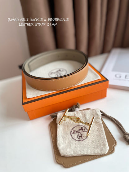 HERMES JUMBO BELT GOLD BUCKLE & REVERSIBLE CAMEL BROWN AND ORANGE LEATHER STRAP 32MM