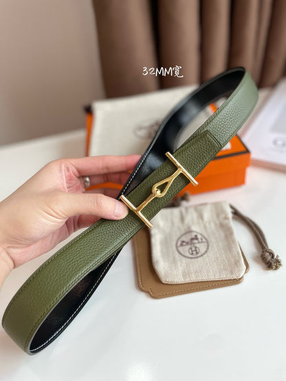HERMES JUMBO BELT GOLD BUCKLE & REVERSIBLE OLIVE GREEN AND BLACK LEATHER STRAP 32MM