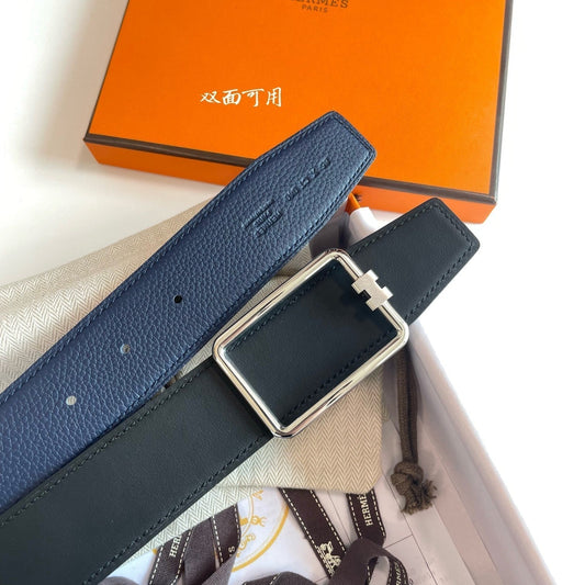 HERMES TUBE H BELT SILVER BUCKLE & REVERSIBLE NAVY BLUE LEATHER STRAP 38MM