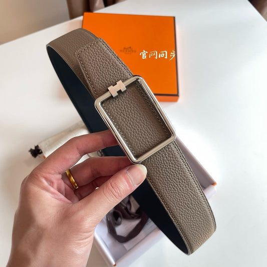 HERMES TUBE H BELT BUCKLE & REVERSIBLE KHAKI BROWN AND BLACK LEATHER STRAP 38MM SILVER HARDWARE