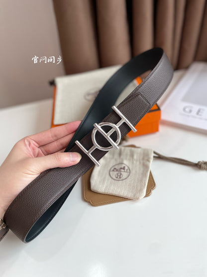 HERMES ULYSSE BELT BUCKLE & REVERSIBLE CHOCOLATE BROWN LEATHER STRAP 38MM SILVER HARDWARE
