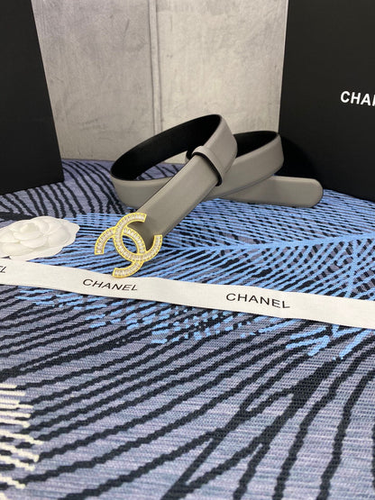 CHANEL 25S BELT 30 MM IN GREY CALFSKIN WITH GOLD HARDWARE 615093