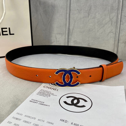 CHANEL 30MM BELT IN FIRE ORANGE GRAINED CALFSKIN WITH NAVY BLUE METAL LOGO