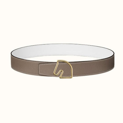 HERMES BOUCLE BELT BUCKLE & REVERSIBLE KHAKI BROWN AND WHITE LEATHER STRAP 38MM GOLD HARDWARE