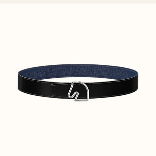 HERMES BOUCLE BELT BUCKLE & REVERSIBLE NAVY BLUE AND BLACK AND WHITE LEATHER STRAP 38MM SILVER HARDWARE