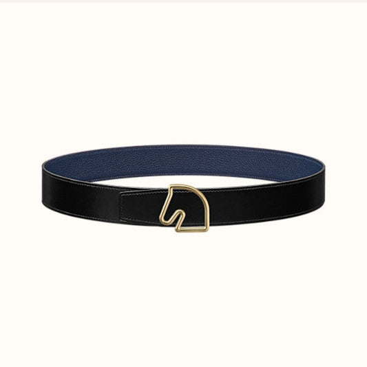 HERMES BOUCLE BELT BUCKLE & REVERSIBLE NAVY BLUE AND BLACK AND WHITE LEATHER STRAP 38MM GOLD HARDWARE