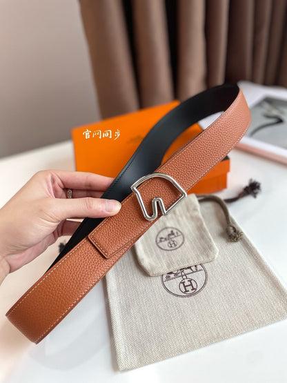 HERMES BOUCLE BELT BUCKLE & REVERSIBLE GINGER ORANGE AND BLACK LEATHER STRAP 38MM SILVER HARDWARE